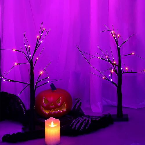 Halloween Decorations Indoor, 2-Pack 2FT Lighted Black Halloween Tree with 48 LED Orange & Purple Lights, Timer Function Battery Operated Halloween Trees Lights Spooky Tree for Tabletop Home Party