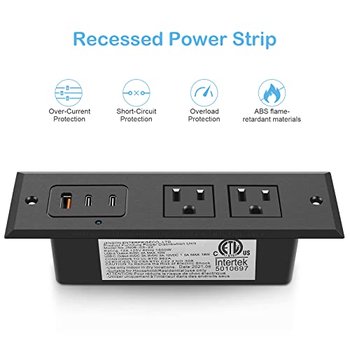 CCCEI Recessed Power Strip with Two USB-C Ports, Fast Charging USB A Port Desk Outlet, Black Furniture Hidden Charging Station for Side Table, End Table, with 6 FT 45 Degree Flat Plug Extension Cord.