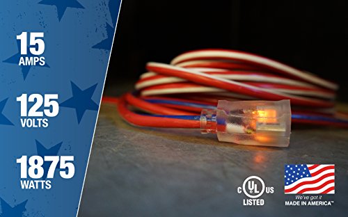 Southwire Heavy Duty Extension Cord, 50Ft, 12 Gauge, 3 Conductor, Outdoor Cord, Lighted End, SJTW, Red/White/Blue, 2548SWUSA1