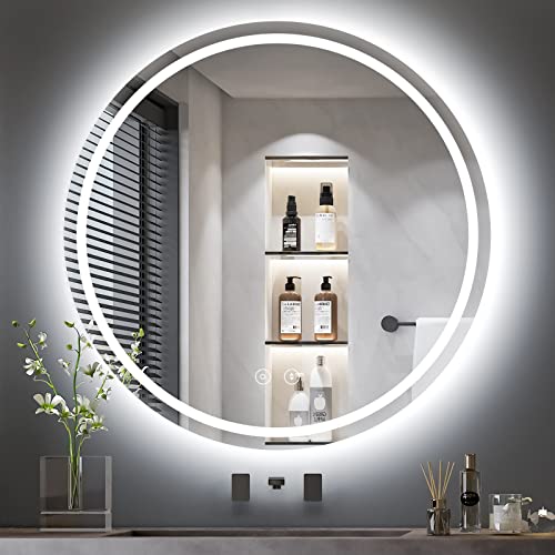 Dripex 24 Inch Round LED Bathroom Mirror, 3 Colors/Dimmable/Anti-Fog LED Vanity Mirror, Wall Mounted Circle Makeup Mirror, Waterproof Lighted Mirror with Memory Function, Backlit+Front Light