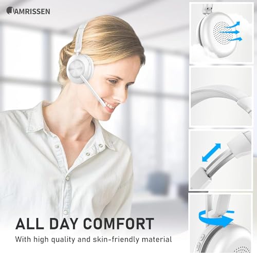 Jamrissen Wireless Headset, Bluetooth Headset with Microphone Noise Cancelling, 45+Hrs Talktime Bluetooth Headset with Mic Mute & USB Dongle for PC/Computer/Laptop/Cell Phones/Remote Work/Call Center