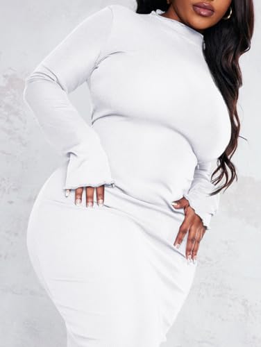 BEAGIMEG Women's Sexy Bodycon Plus Size Long Sleeve Rib Lettuce Hem Club Evening Party Maxi Dress White