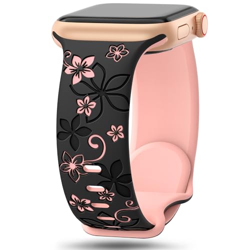 Floral Engraved Bands Compatible with Apple Watch Band 41mm 40mm 44mm 45mm 42mm 38mm 49mm for Women,Cute Flower iWatch Bands Soft Silicone Sport Strap for iWatch Series SE 9 8 7 6 5 4 3 2 1 Ultra