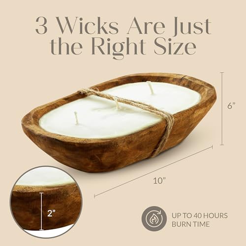 Dough Bowl Candle Co. Honeysuckle Jasmine Soy Candle - 6 Wick Rustic Farmhouse Coffee Table Decor, Odor Eliminator in Wooden Bowls, 32 Oz Wooden Dough Bowl Candle, All-Natural Gifts for Women or Men