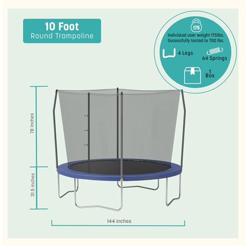 Skywalker Trampoline Outdoor 10 Ft. Round Outdoor Trampoline with Net, Trampoline Mat, and Basketball Hoop for Trampoline, ASTM Approval, 700 LBS Weight Capacity - Blue