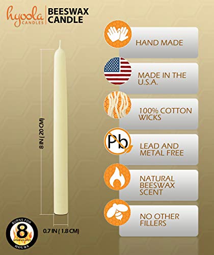 8" Beeswax Taper Candles 12 Pack - Handmade, All Natural, 100% Pure Unscented Bee Wax Candle - Tall, Decorative, White - 8 Hour Burn Time