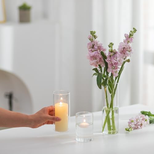 Hewory Glass Cylinder Vases Set of 6, Tall Clear Vase for Centerpieces, Glass Hurricane Candle Holders for Pillar Floating Candles, Round Vases for Wedding Events Table Decor, 2.6” in Diameter