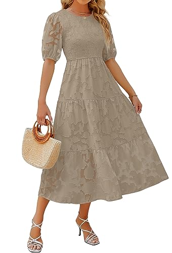 ZESICA Women's 2024 Summer Short Puff Sleeve Crewneck Smocked Floral Lace Flowy A Line Tiered Maxi Dresses,Red,Medium