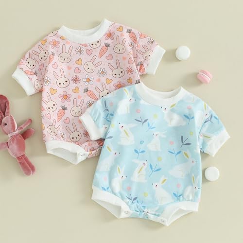 Infant Baby Girl Boy Easter Outfit Cute Bunny T Shirt Romper Oversized Bubble Onesie Floral Short Sleeve Bodysuit (Blue White Rabbit Print, 0-3 Months)