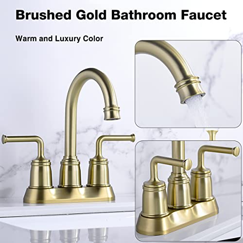 TRUSTMI Centerset Bathroom Faucet 4 Inch Vanity Sink Hot Cold Faucet with Overflow Drain and Waterlines, Brushed Gold