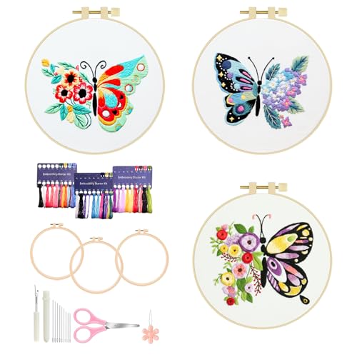 KAHEAUM Embroidery Kit for Beginners Adults Butterfly Cross Stitch Kits for Kids Gift Home,3 Set Advanced Starter Embroidery Patterns Fabric with Color Floss Thread Needle Scissors,3PCS Plastic Hoops