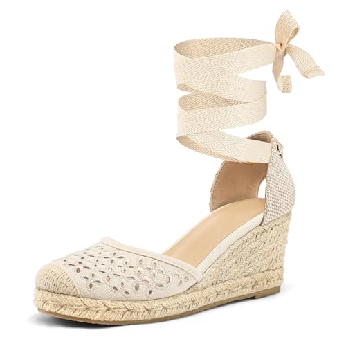 mysoft Women's Espadrille Platform Wedge Sandals Closed Toe Ankle Strap Lace up Summer Shoes