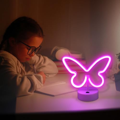 BRIGHTDECK 2 Pack Butterfly Neon Signs, LED Pink Butterfly Neon Sign Battery or USB Powered Decoration Lamp, Neon Lights Heart Decor for Valentines Day, Bedroom, Wedding, Party, Pink Room Decor