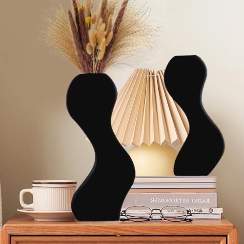 Modern Black Ceramic Vases Set of 2,Twisted Shape Pampas Flower Vase Curved splicable Design Decorative Vase for Flower Living Room, Bedroom, Bookshelf, Fireplace, Coffee Table, Office (Black)