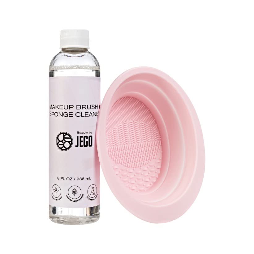 JEGO Makeup Brush Cleaner Solution - Sponge Cleaner - Make Up Brush Liquid Cleanser - Hypoallergenic & Plant-Based Solution Removes Makeup, Dirt, & Oil - 8 Oz (1 Bottle + Bowl)