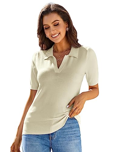 Kate Kasin Women Summer Color Block V Neck Knitted Polo Sweaters Tops Short Sleeve Shirt Casual Pullover Sweater Light Green M