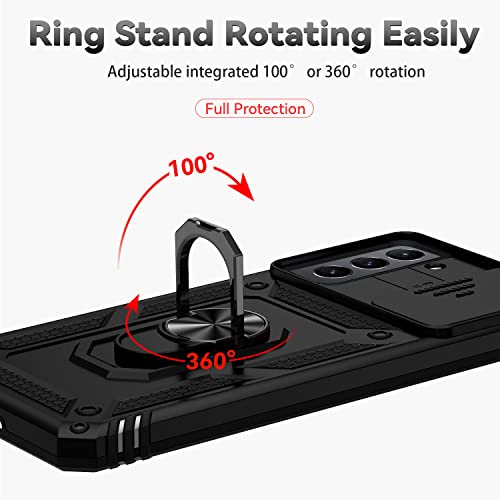 for Samsung Galaxy S21 FE 5G Case with Camera Lens Cover HD Screen Protector, Military-Grade Drop Tested Magnetic Ring Holder Kickstand Protective Phone Case for Samsung Galaxy S21 FE 5G (Black)