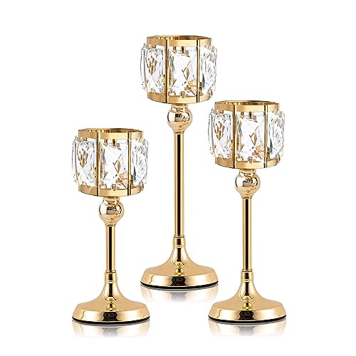 Set of 3 Cup Crystal Tealight Candle Holders, Centerpieces for Table Wedding Centerpieces Crystal Decorative Tealight Candle Dining Table Candle Holder Decor for Party (8.7"+10.6"+12.2", Gold)