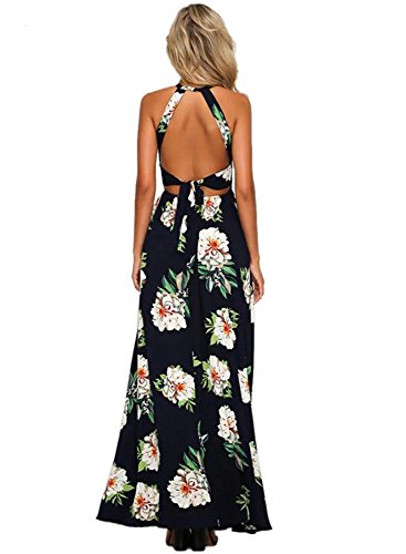 ZESICA Women's 2024 Summer Halter Neck Floral Print Backless Split Beach Party Maxi Dress,BluishViolet,Small