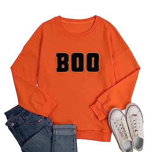 MYHALF Halloween Sweatshirt Women Boo Embroidered Sweater Cute Spooky Season Sweatshirt Fall Winter Crew Neck Pullover Tops Black