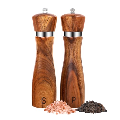 2 Pack Salt and Pepper Grinder Set, Acacia Salt and Pepper Shakers Wood Salt Shaker with Ceramic/Stainless Steel Core, Modern and Elegant Wooden Salt and Pepper Set