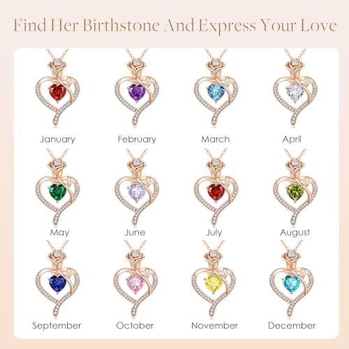 LOUISA SECRET Rose Flower Heart Birthstone Necklaces for Women, 925 Sterling Silver Fine Jewelry, Pendant Heart Necklaces Birthday Anniversary Christmas Gift for Women Wife Mom Girlfriend Lady