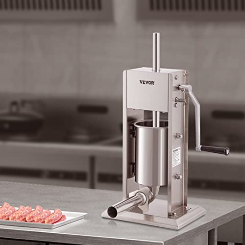 VEVOR Sausage Stuffer, Manual 7LB/3L Capacity, Two Speed 304 Stainless Steel Sausage Filling Machine with 4 Stuffing Tubes, Silver