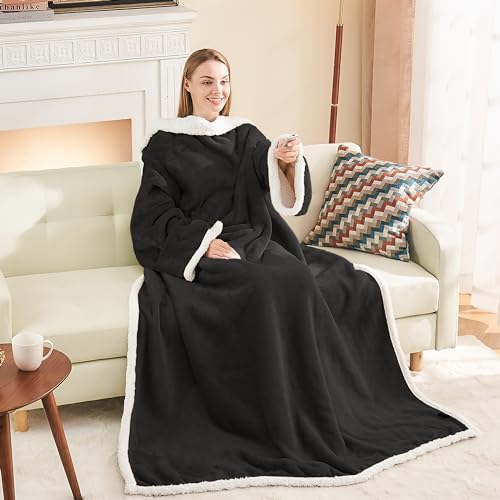 Ramees Sherpa Wearable Blanket with Sleeves and Pockets, Soft Warm TV Blanket Throw for Men and Women