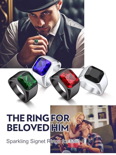 Bandmax Stainless Steel Wedding Band for Men Ruby Stone Rings Mens Signet Ring Statement Ring Red Cubic Zirconia Crystal Cocktail Ring Size 10 Gift for Dad Husband