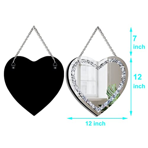 DMDFIRST Heart Shaped Silver Glass Mirror 2 Pack 12x12inch Crystal Crush Diamond Decor Chain Mirror for Wall Decoration