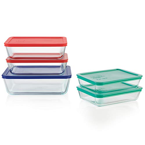 Pyrex Simply Store 5-Pack (3,4 & 6-Cup) Mixed Sized Glass Food Storage Set, Round & Rectangular Containers With Lids, BPA-Free, Dishwasher & Microwave Safe