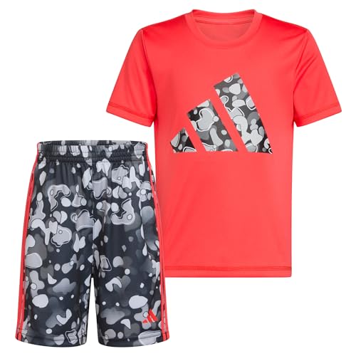 adidas Boys' Short Sleeve T-Shirt and Shorts 2-Piece Set, Bright Red and Black, 2 Toddler