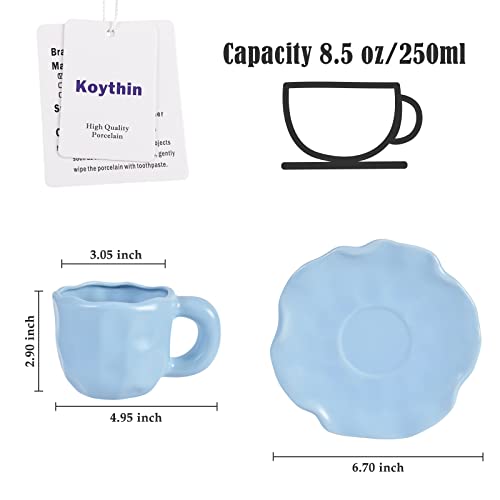 Koythin Ceramic Coffee Mug with Saucer Set, Cute Creative Morandi Style Cup Saucer for Office and Home, Dishwasher and Microwave Safe, 8.5 oz/250 ml for Latte Tea Milk (Blue)