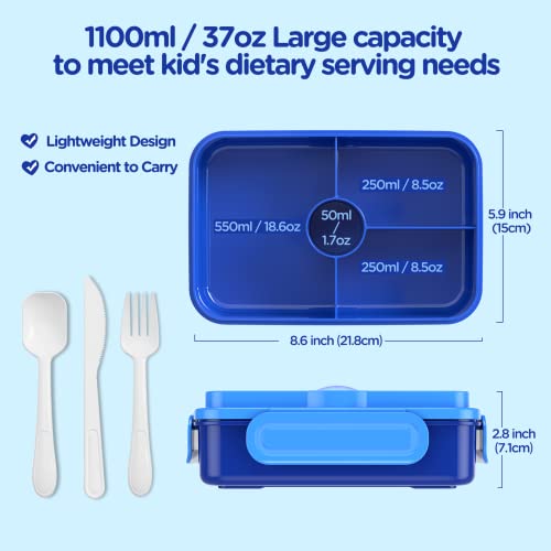 Jelife Bento Lunch Box for Kids - Leakproof Large Bento-Style with 4 Compartments Portions Lunchbox with Tableware Back to School, Reusable On-the-Go Meal and Snack Packing, Blue