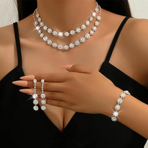 HUASAI Wedding Jewelry Sets for Brides Silver Prom Jewelry Rhinestone Necklace Earrings Bracelet Set for Party Wedding Graduation Bridesmaid Prom Dresses 2024 Accessories