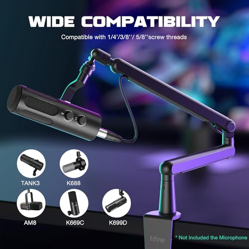 FIFINE Microphone Boom Arm, Low Profile Adjustable Stick Microphone Arm Stand with Desk Mount Clamp, Screw Adapter, Cable Management, for Podcast Streaming Gaming Studio-BM88