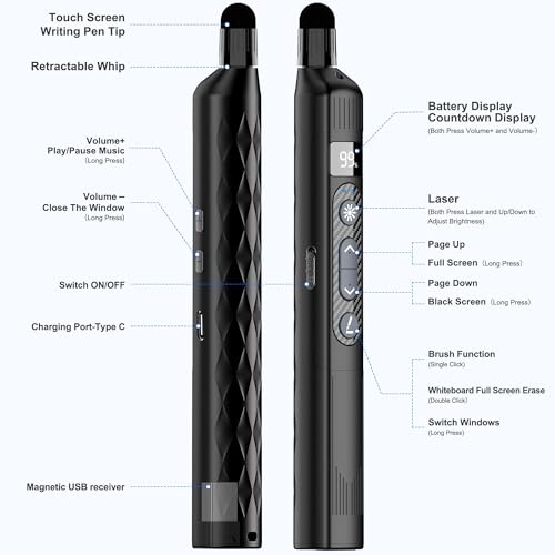 Wireless Presentation Clicker with Telescopic Pointer Stick,Rechargeable Presenter Remote Light Pointer with Touch Screen Stylus Pen and Digital Display,USB Slide Clicker for PowerPoint MAC PC Laptops