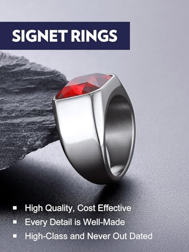 Bandmax Stainless Steel Wedding Band for Men Ruby Stone Rings Mens Signet Ring Statement Ring Red Cubic Zirconia Crystal Cocktail Ring Size 10 Gift for Dad Husband