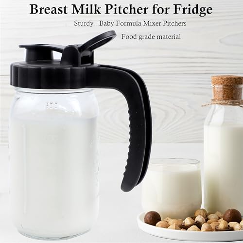 Mason Jars Pitcher 1 Quart Glass Breastmilk Pitcher With Pour Lid For Fridge 32 Oz Wide Mouth Water Jugs With Top Flip Cap & Pour Spout For Cold Brew Coffee,Sun Tea,Juice Airtight Storage & Leakproof