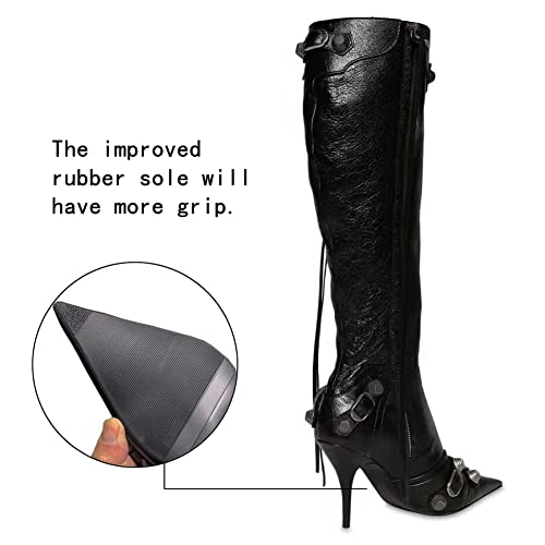 Kluolandi Women's Stiletto High Heel Knee High Boots with Tassel Pointy Toe Studded Zipper Booties Dress Shoes Black Size 11