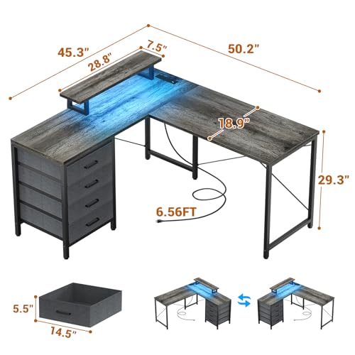 Homieasy L Shaped Desk with Drawers & Power Outlets, Reversible Computer Desk with LED Light and Monitor Stand, 50 Inch Home Office Gaming Work Study Desk with 4 Storage Drawers, Black Oak