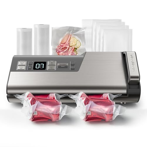 Mesliese Vacuum Sealer Machine, 95kPa 140W One Hand Operation Food Sealer, Double Seal Strip with Build-in Cutter & Countdown Display, 2 Bag Rolls, 5PCS Pre-cut Bags, PULSE & Marinate Enabled