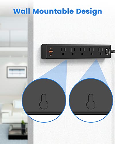 HOPOW Flat Plug Power Strip, 6 Ft Ultra Thin Extension Cord, Surge Protector with 5 Outlets & 3 USB Ports (2 USB C), 1700 Joules, Wall Mount, Desktop Charging Station for Home Office Dorm, Black
