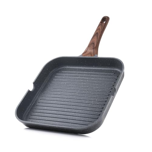 SENSARTE Nonstick Grill Pan for Stove Tops, Versatile Griddle with Pour Spouts, Square Big Cooking Surface, Durable Skillet Indoor & Outdoor Grilling. PFOA Free, 9.5 Inch