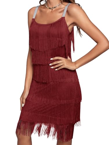 Umenlele Women’s 1920s Flpper Dress Gatsby Sleeveless All Over Tassel Tiered Fringe Cocktail Party Dress Wine Red# Small