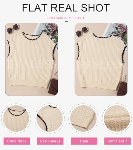 EVALESS Womens Cap Sleeve Sweater Vest Summer Crewneck Short Sleeve Pullover Sweaters Cute Dressy Tops for Women 2024 Trendy Lightweight Casaul Cotton Knit Tops Fall Fashion Outfits Beige Medium