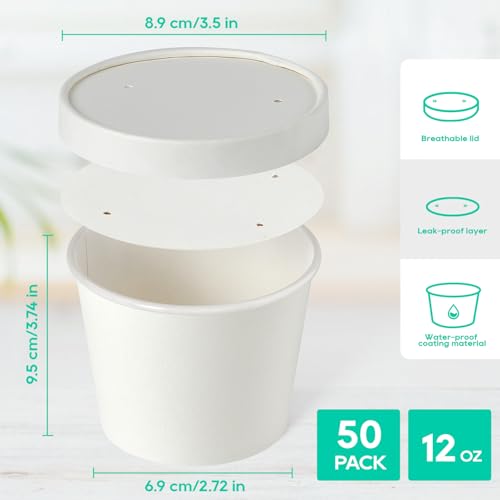 50pack 12oz Paper Soup Containers with Lids, Disposable Kraft Paper Food Cups, Ice Cream Cups, Food Storage with Lids, Microwavable and Freezer Safe, Suitable for Christmas Thanksgiving(White)