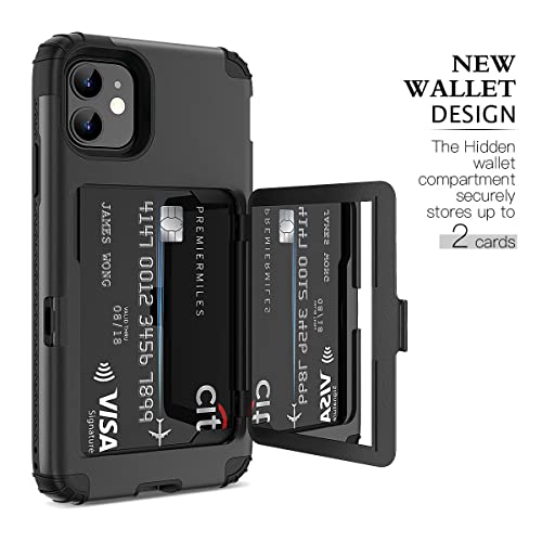 WeLoveCase for iPhone 11 Wallet Case Defender Wallet Credit Card Holder Cover with Hidden Mirror Three Layer Shockproof Heavy Duty Protection All-Round Armor Protective Case for iPhone 11 Black