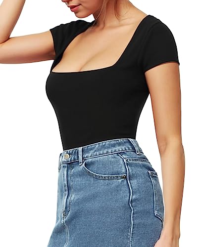 MANGOPOP Bodysuit for Women Square Neck Short Sleeve Shirt Tops