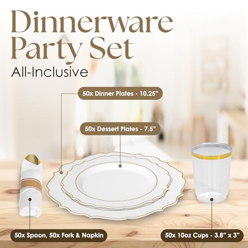 Elegant Gold Plastic Dinnerware Set (350 Pcs) - Includes 50 Dinner Plates, 50 Dessert Plates, 50 Napkins, 50 Cups & Gold Silverware. Ideal for Weddings, Parties & Events. (Modern)